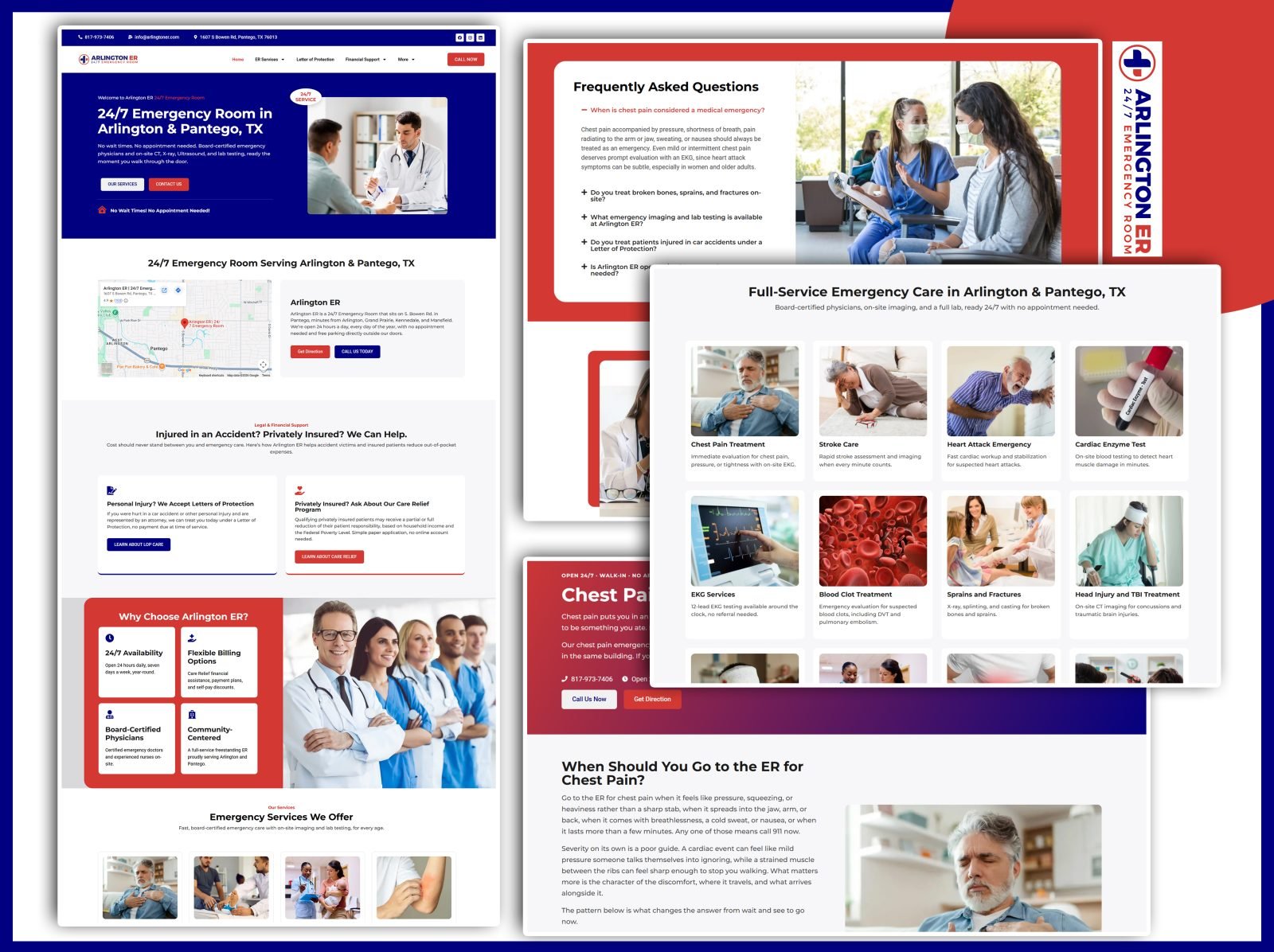 Pages from a freestanding emergency room website: a 24/7 homepage with a location map, an accident and insurance support section, a full-service emergency care grid, and a chest pain service page
